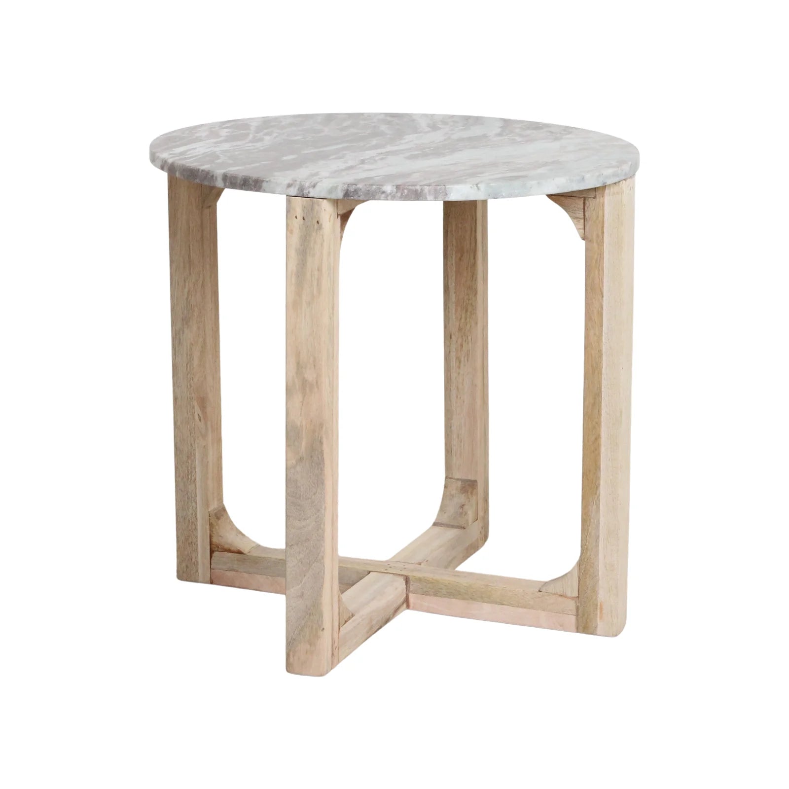 Table d’appoint ronde effet marbre blanc, pieds bois clair, Ø50 cm