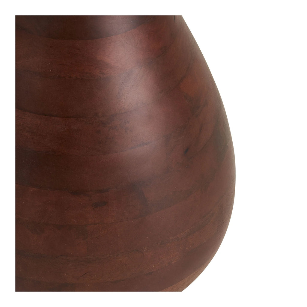 Vase en bois brun foncé riche, grain naturel visible, corps rond lisse