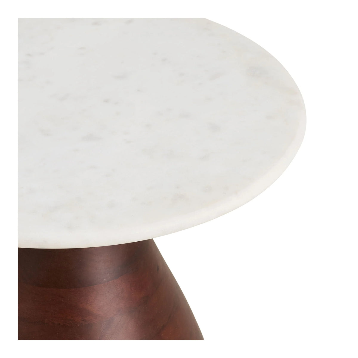 Table d’appoint ronde en marbre blanc veiné gris sur piétement bois foncé sculpté, Ø40xH41 cm
