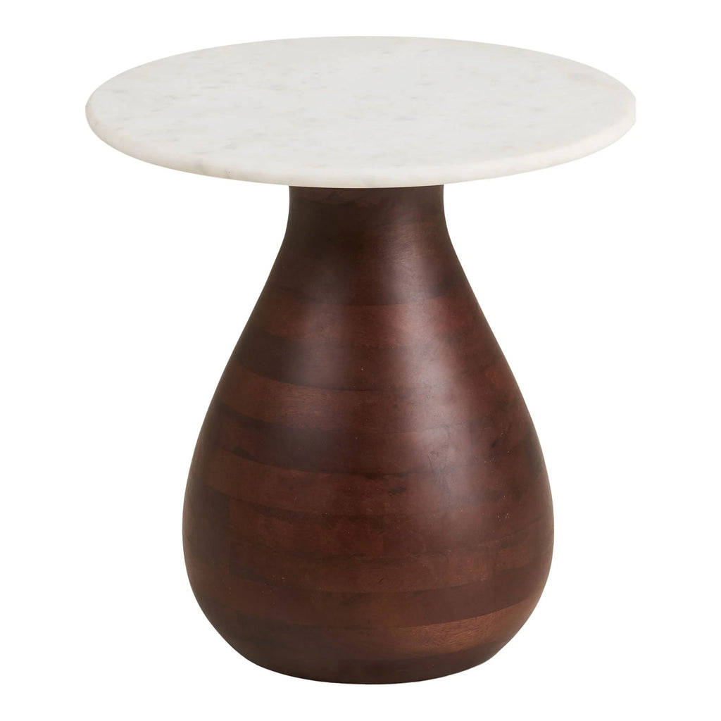 Table d’appoint ronde en marbre blanc et bois foncé sculpté Ø40xH41 cm