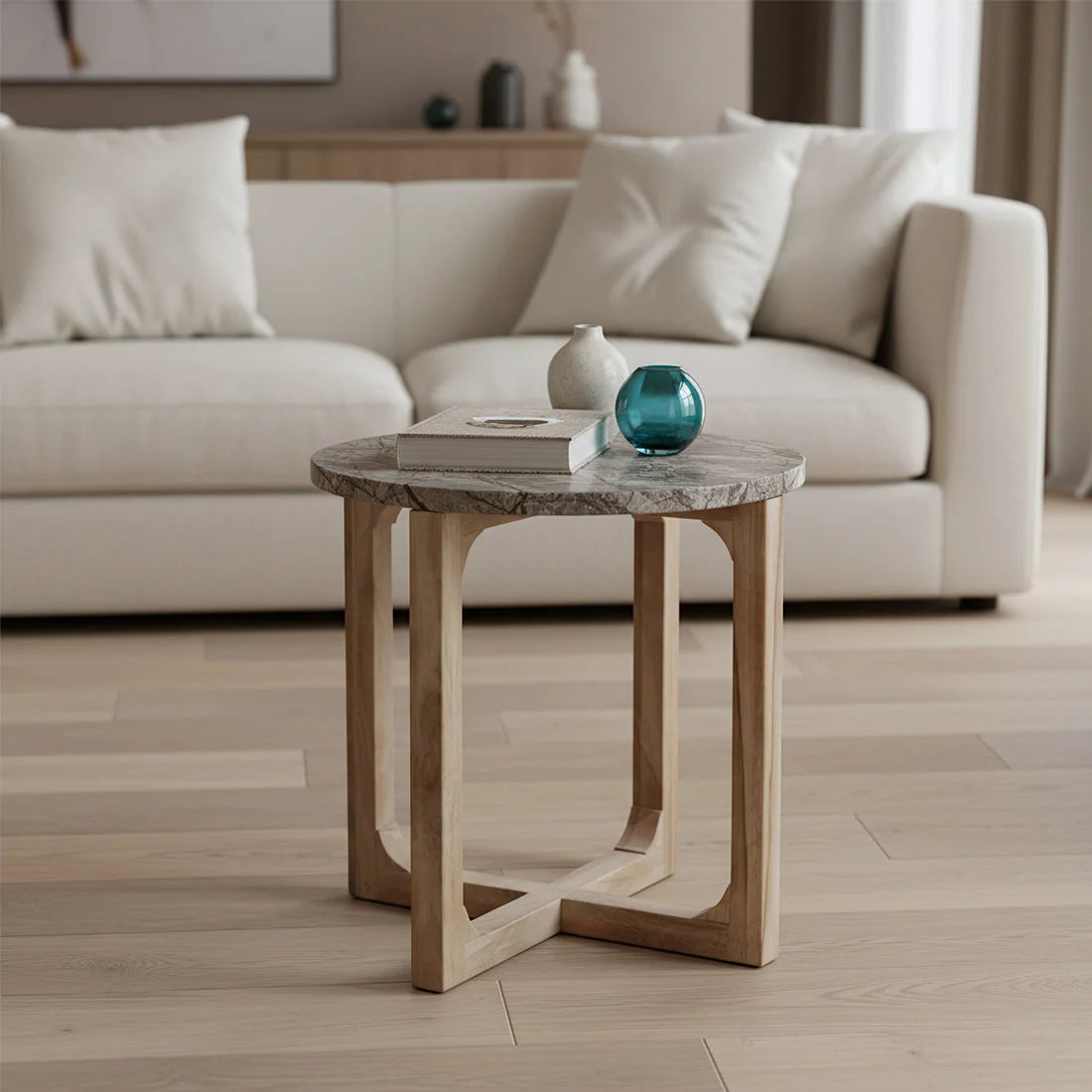 Table dappoint ronde marbre et bois naturel 50x50 cm
