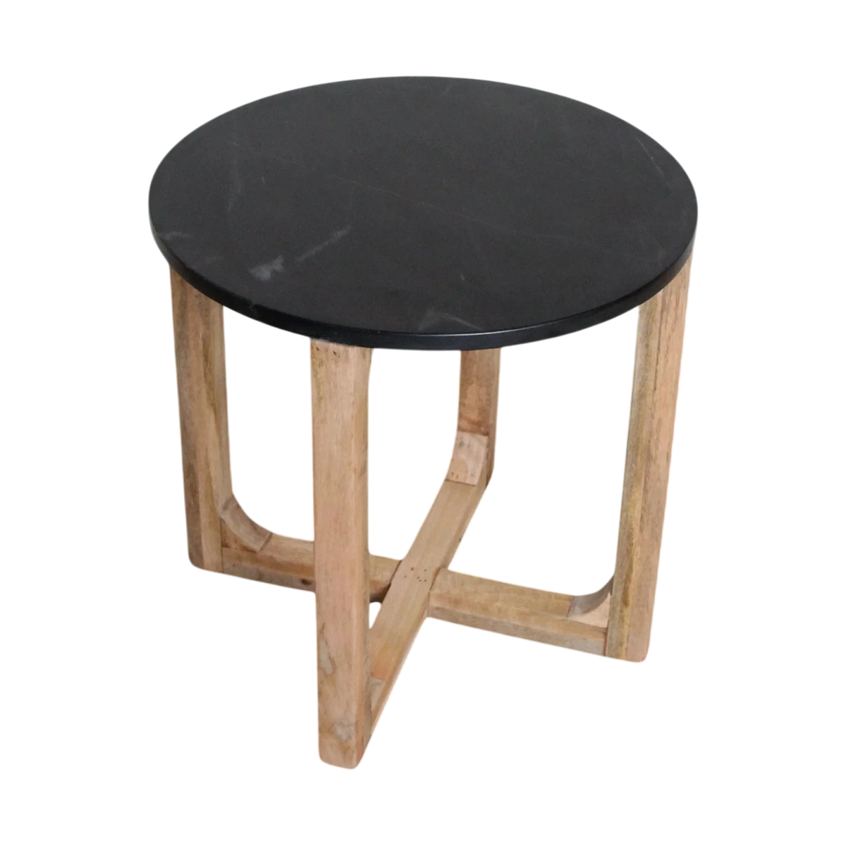 Table d’appoint ronde en marbre noir et bois manguier clair, Ø50 cm