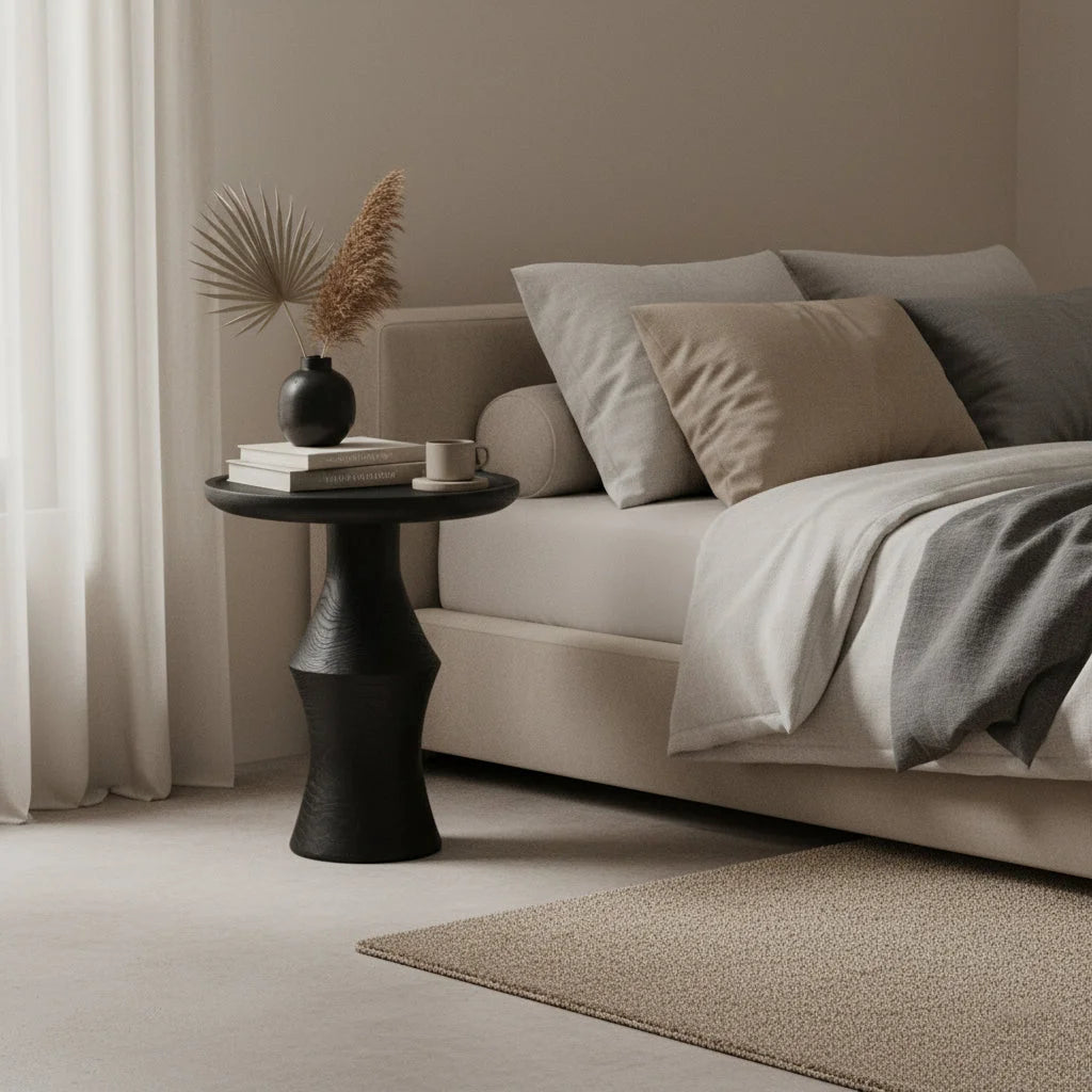 Table dappoint ronde en teck noir texturé sculptural Ø50 cm