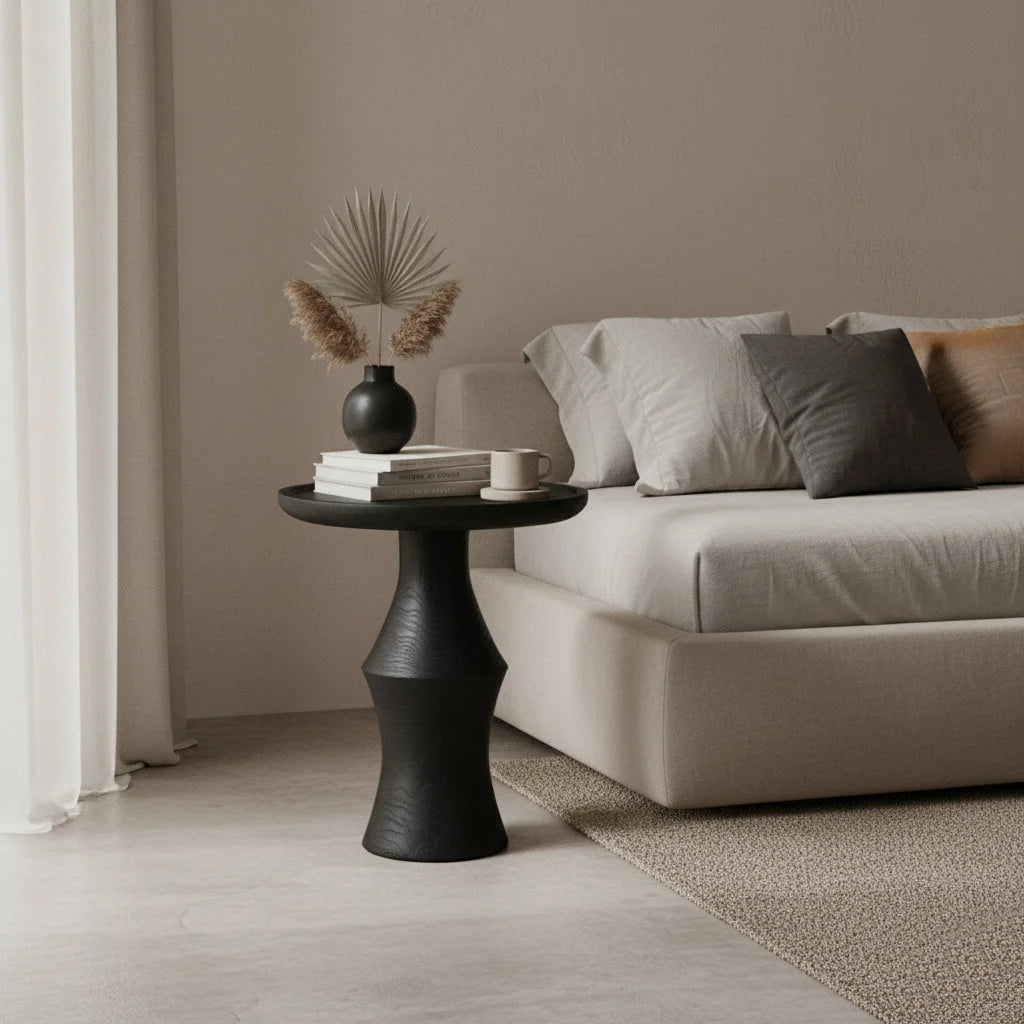Table dappoint ronde en teck noir mat sculptural Ø50 cm pour salon