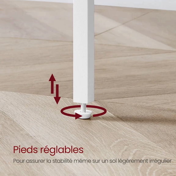 Pieds ajustables de la table de chevet blanche moderne pour s’adapter aux sols irréguliers.