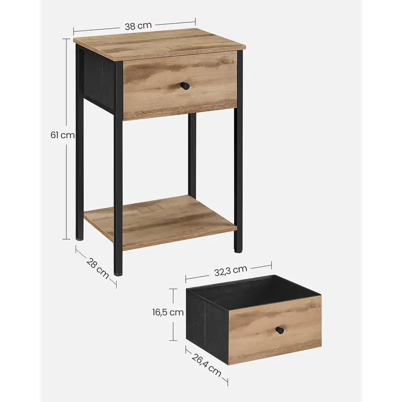 Table de chevet en bois avec les dimensions indiquées, idéale pour optimiser l'espace.