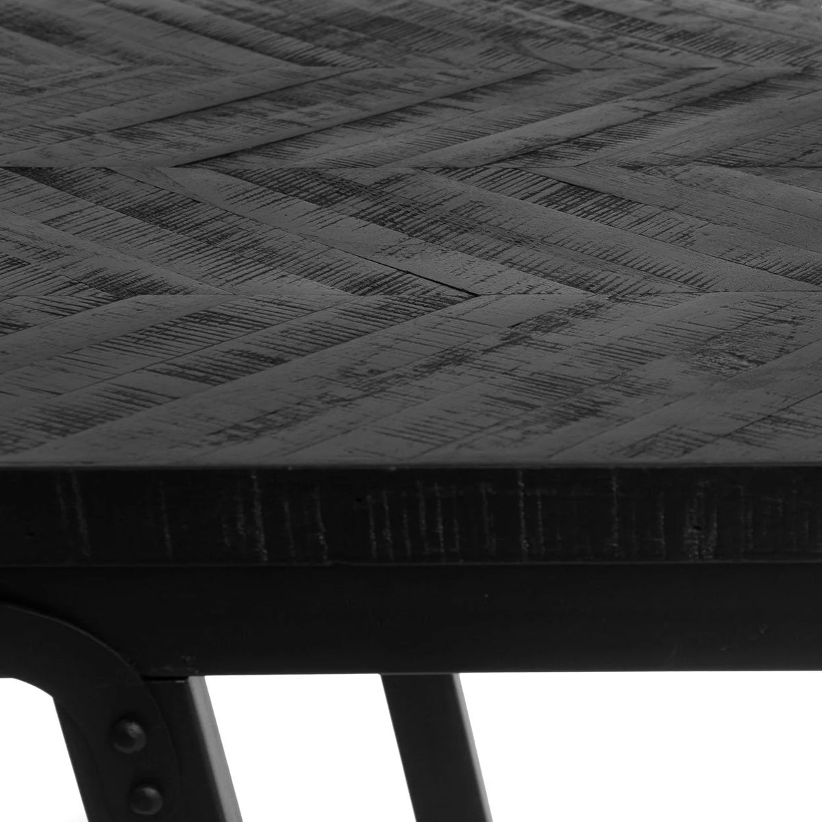 Table haute rectangulaire en teck motif chevron et métal noir – 140x60 cm