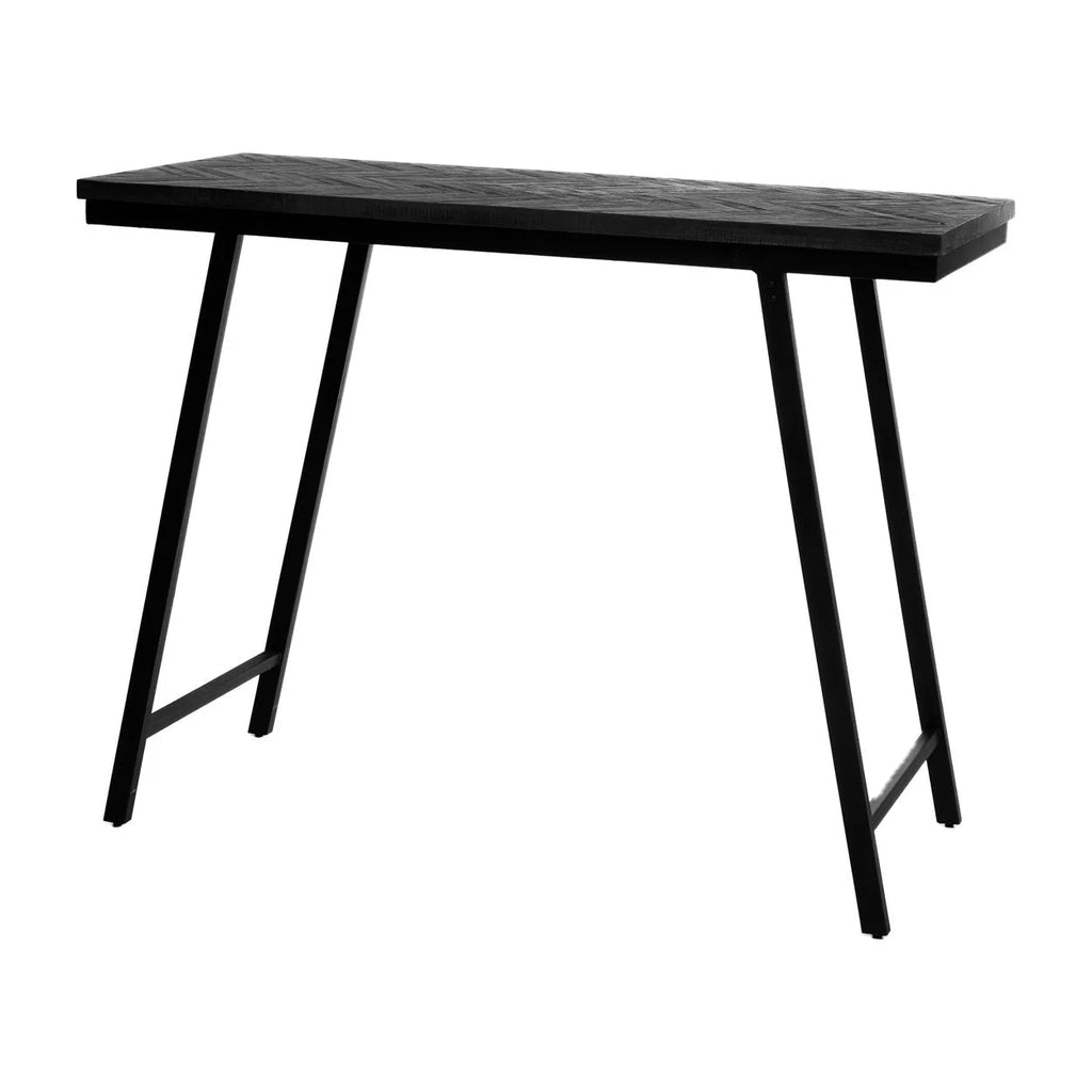 Table haute rectangulaire en teck motif chevron et métal noir – 140x60 cm