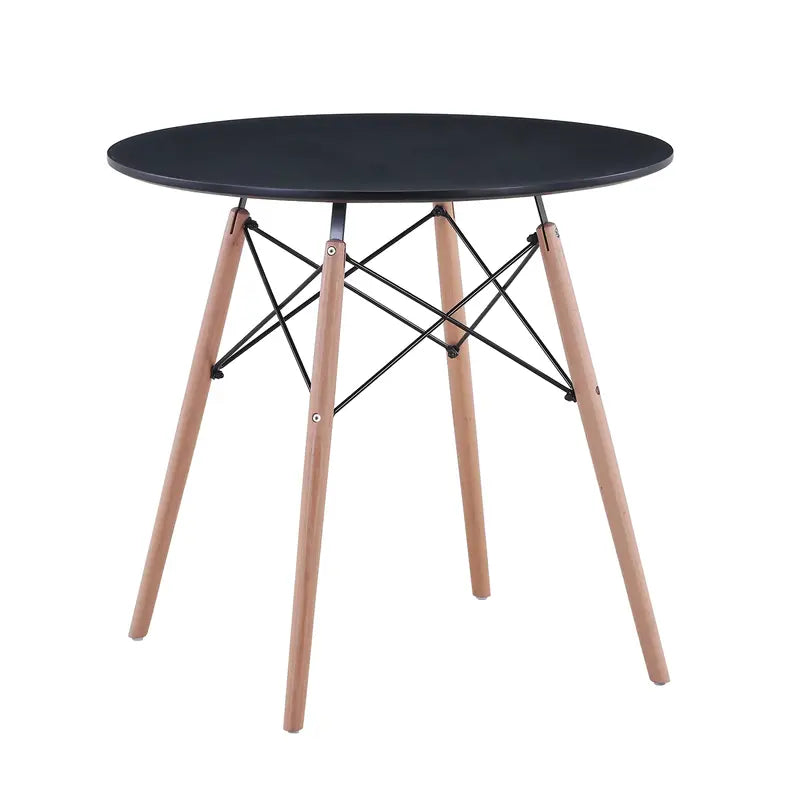 Table ronde noire scandinave avec pieds en bois, idéale pour un design épuré.