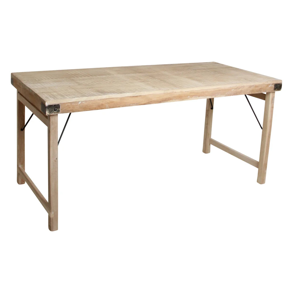 Table pliante en bois recyclé naturel avec renforts métal noir, 165x75 cm