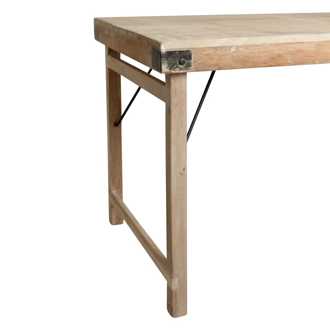 Table pliante en bois recyclé naturel avec renforts métal noir, 165x75 cm