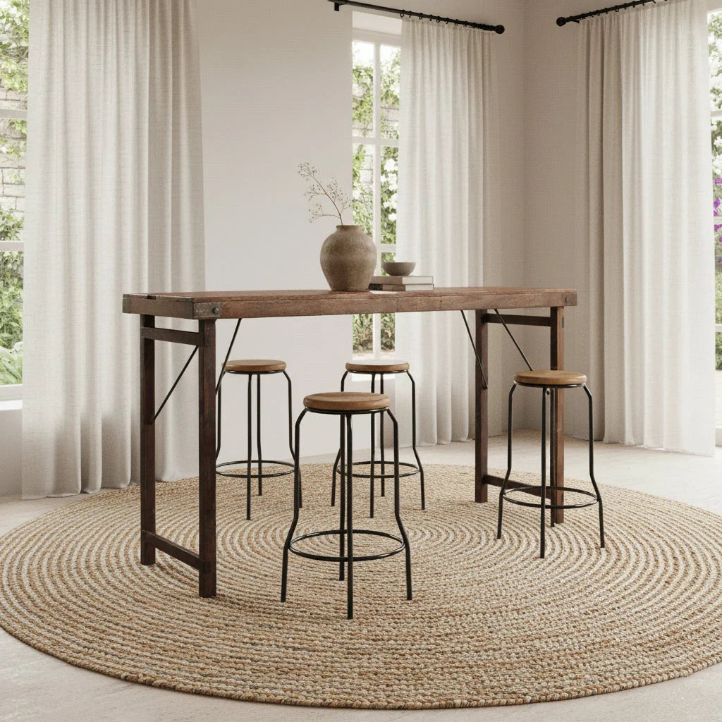 Table pliante vintage en bois brun avec piétement métal, 170x60 cm