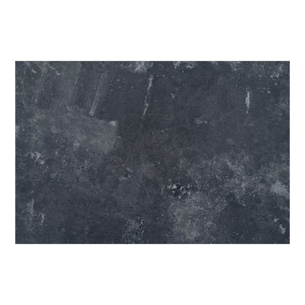 Table rectangulaire effet pierre foncée texturée avec veines blanches subtiles et pieds métal noir, 70x70 cm