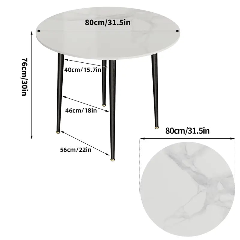 Vue détaillée des dimensions de la table à manger ronde effet marbre.