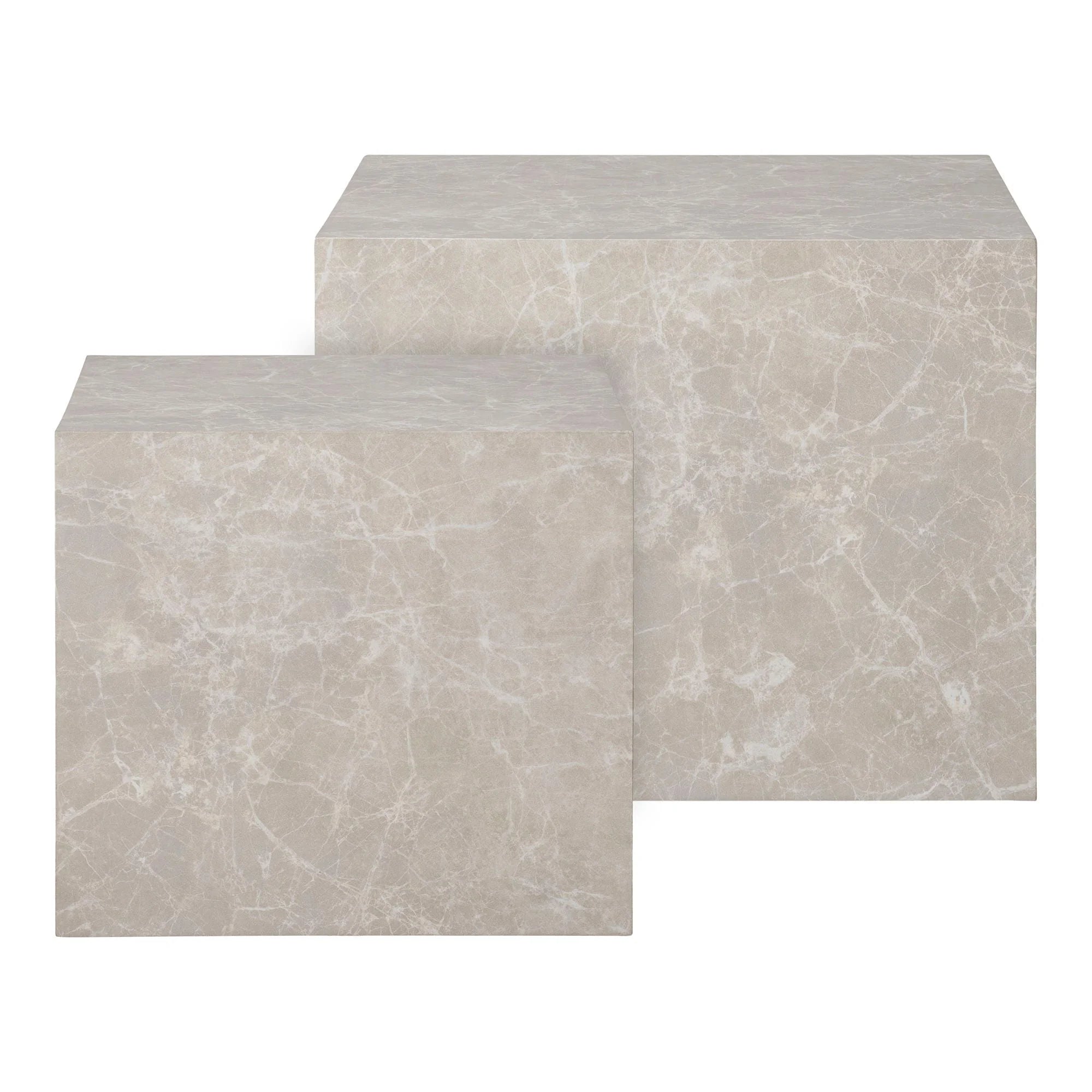 Set de 2 tables basses cubiques effet marbre beige à veinures subtiles