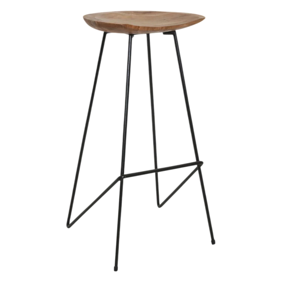 Tabouret de bar rond en teck massif et métal noir mat, H77 cm