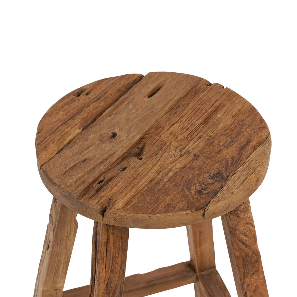 Tabouret de bar en teck recyclé brun naturel, assise ronde rustique H70 cm