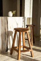 Tabouret de bar en teck recyclé brun naturel, assise ronde H70 cm