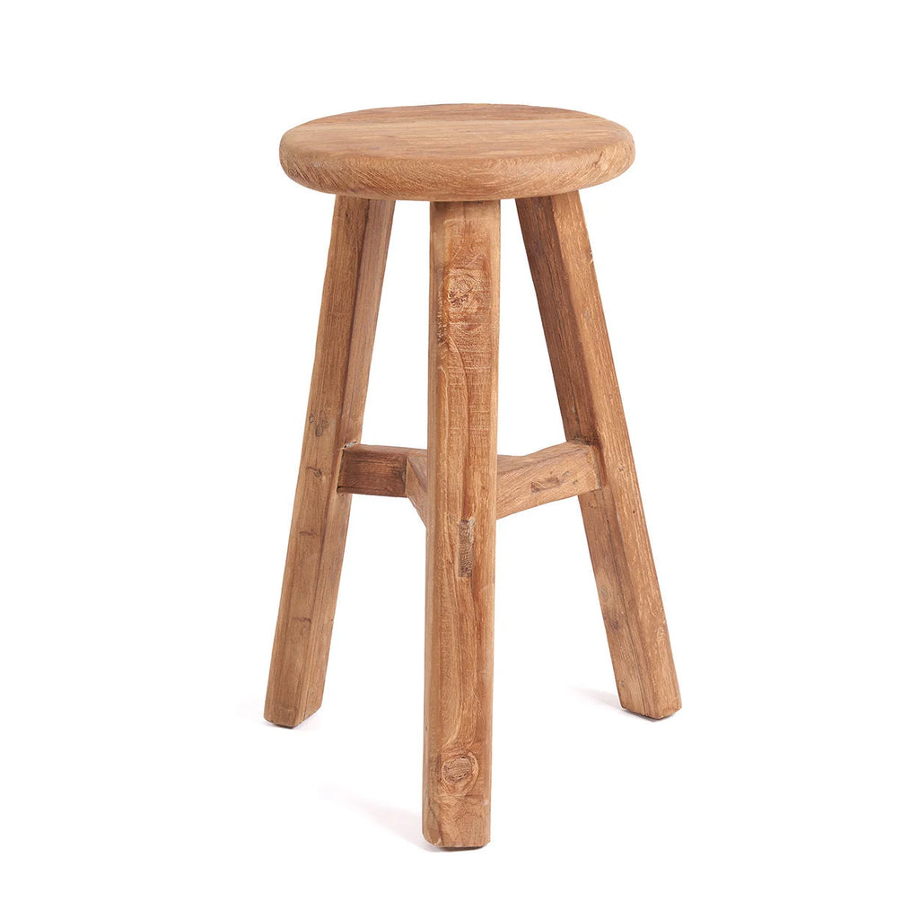 Tabouret de bar en teck recyclé naturel, siège rond, H66 cm