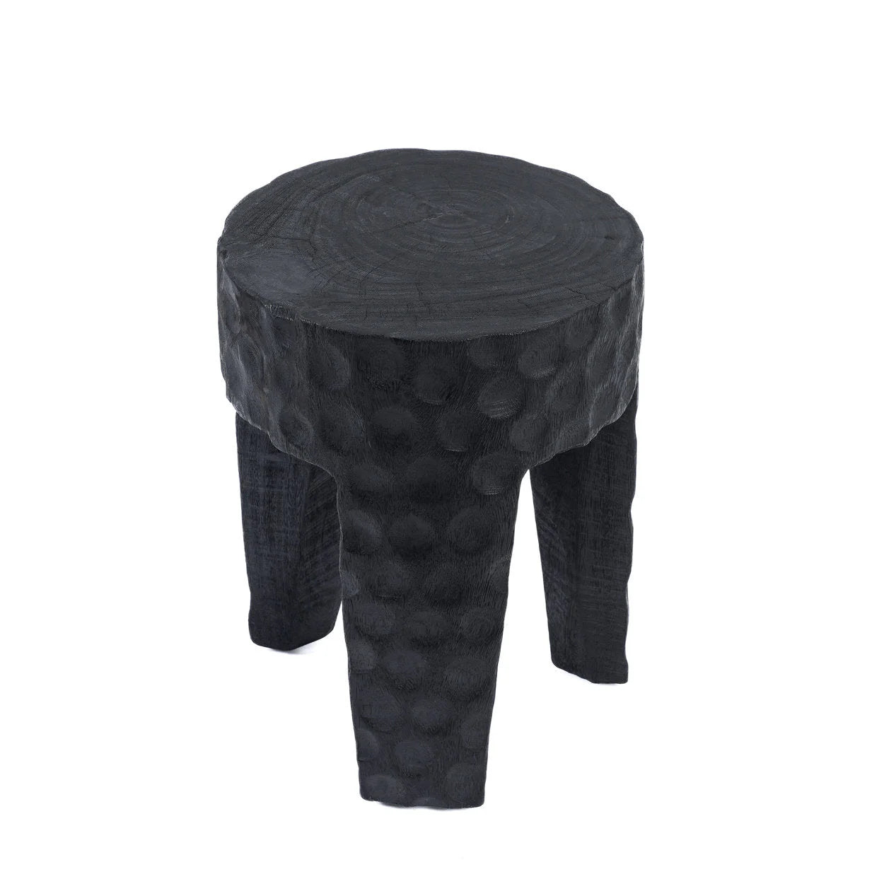 Tabouret en bois de suar noir effet martelé cylindrique – H45 cm