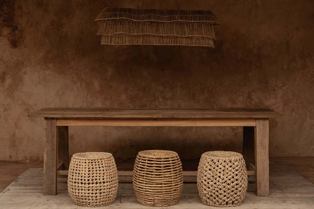 Tabouret en feuilles de bananier tressées naturel ajouré Ø49 cm