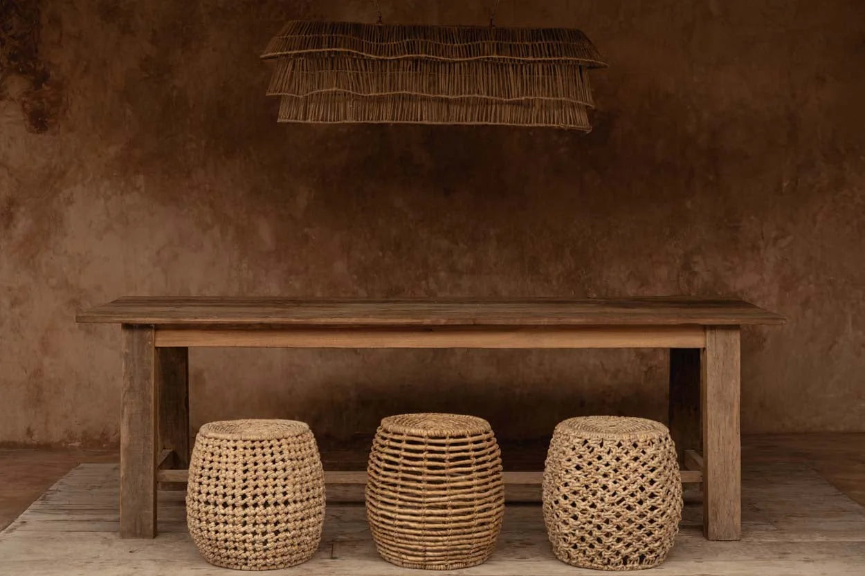 Tabouret en feuilles de bananier tressées naturel ajouré Ø49 cm