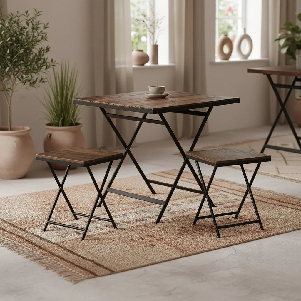 Tabouret pliant industriel en bois recyclé brun et métal noir 30x30x45 cm