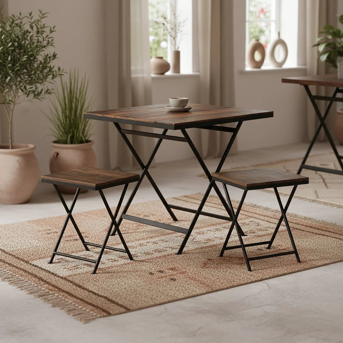 Tabouret pliant industriel en bois recyclé brun et métal noir 30x30x45 cm