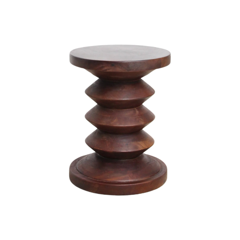 Tabouret rond en bois de manguier brun foncé sculpté – H45 cm