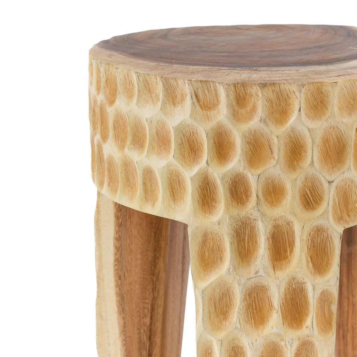 Tabouret rond en bois sculpté naturel suar avec pieds robustes – H45 cm