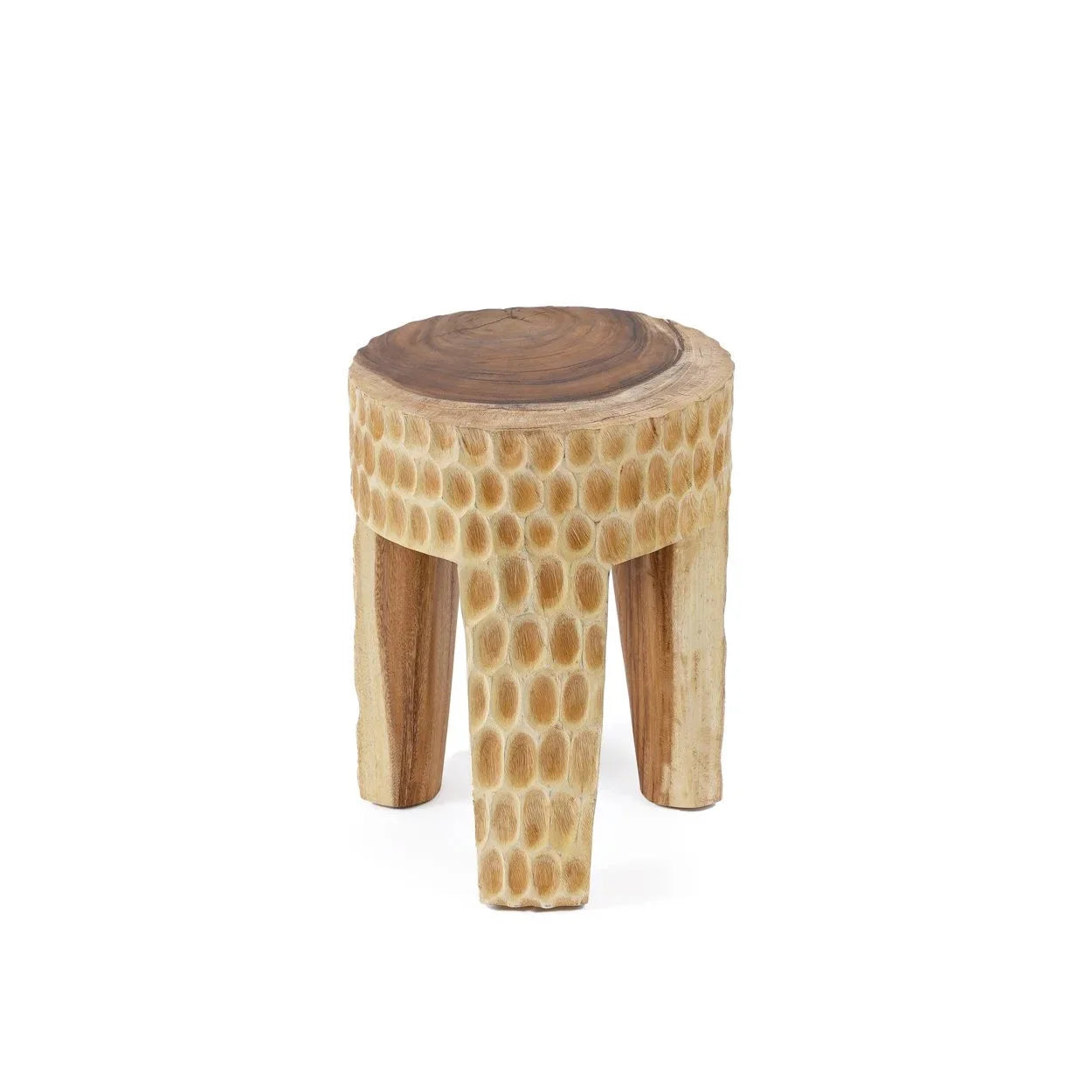 Tabouret rond en bois sculpté naturel suar avec pieds robustes – H45 cm