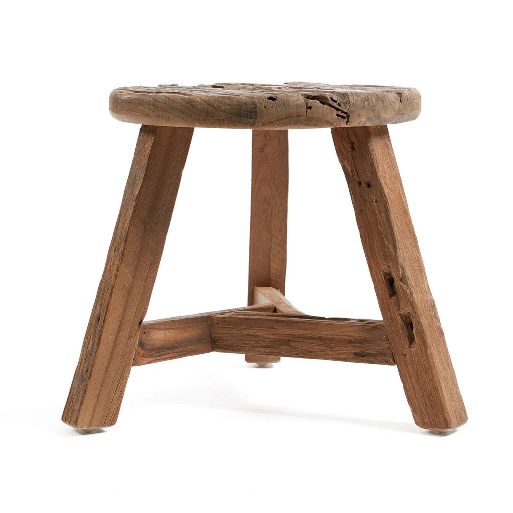 Tabouret rond en bois de teck recyclé finition brute – Ø37 cm