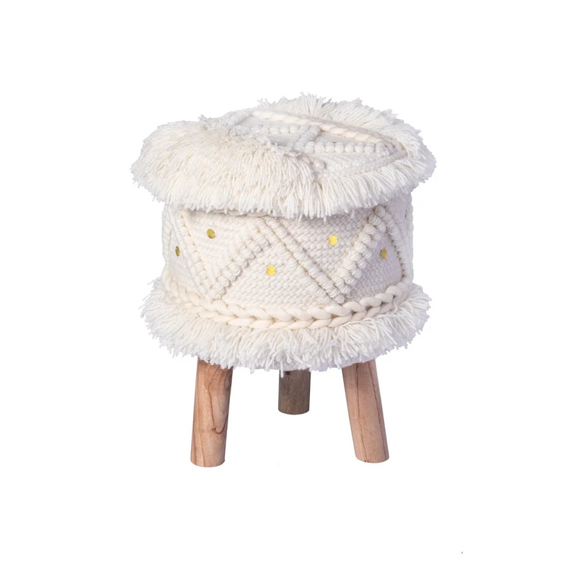 Tabouret rond crème en laine tissée à franges pieds bois naturel – H50 cm