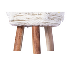 Tabouret rond en laine crème et kaki avec pieds en bois sculpté, hauteur 50 cm