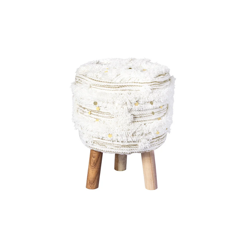 Tabouret rond en laine crème et kaki avec pieds bois sculpté – H50 cm