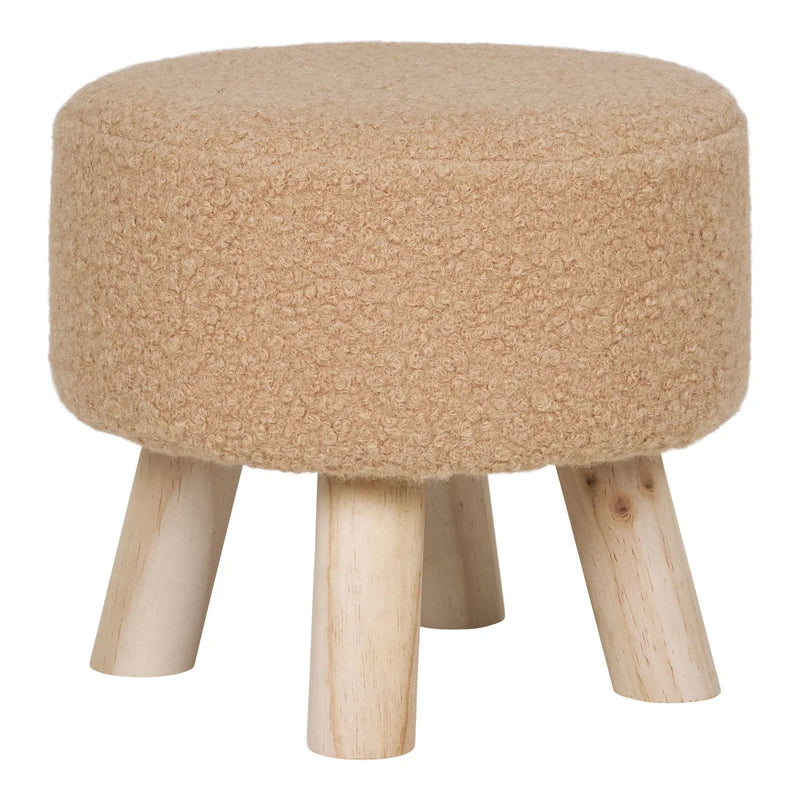 Tabouret rond en tissu bouclé beige pieds bois inclinés – Ø31xH29 cm