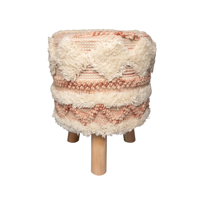 Tabouret rond tufté crème et rose en laine et bois clair – H50 cm