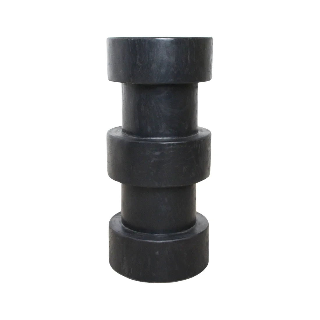 Tabouret en teck noir colonne H65 cm, vue arrière avec empilements cylindriques évasés