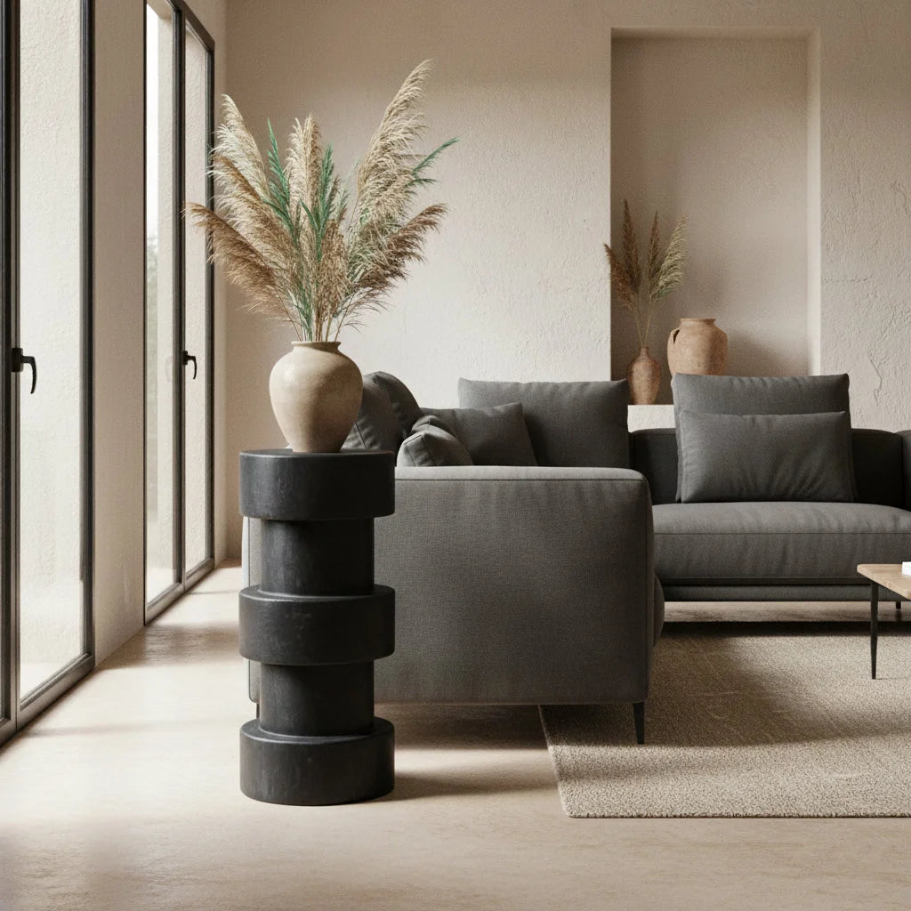 Tabouret en teck noir colonne mat H65 cm design minimaliste