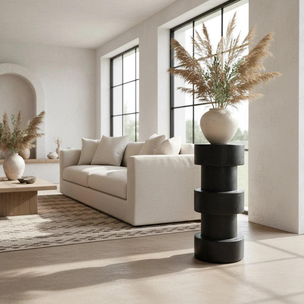 Vase céramique crème arrondi bombé lisse sur tabouret teck noir colonne H65 cm