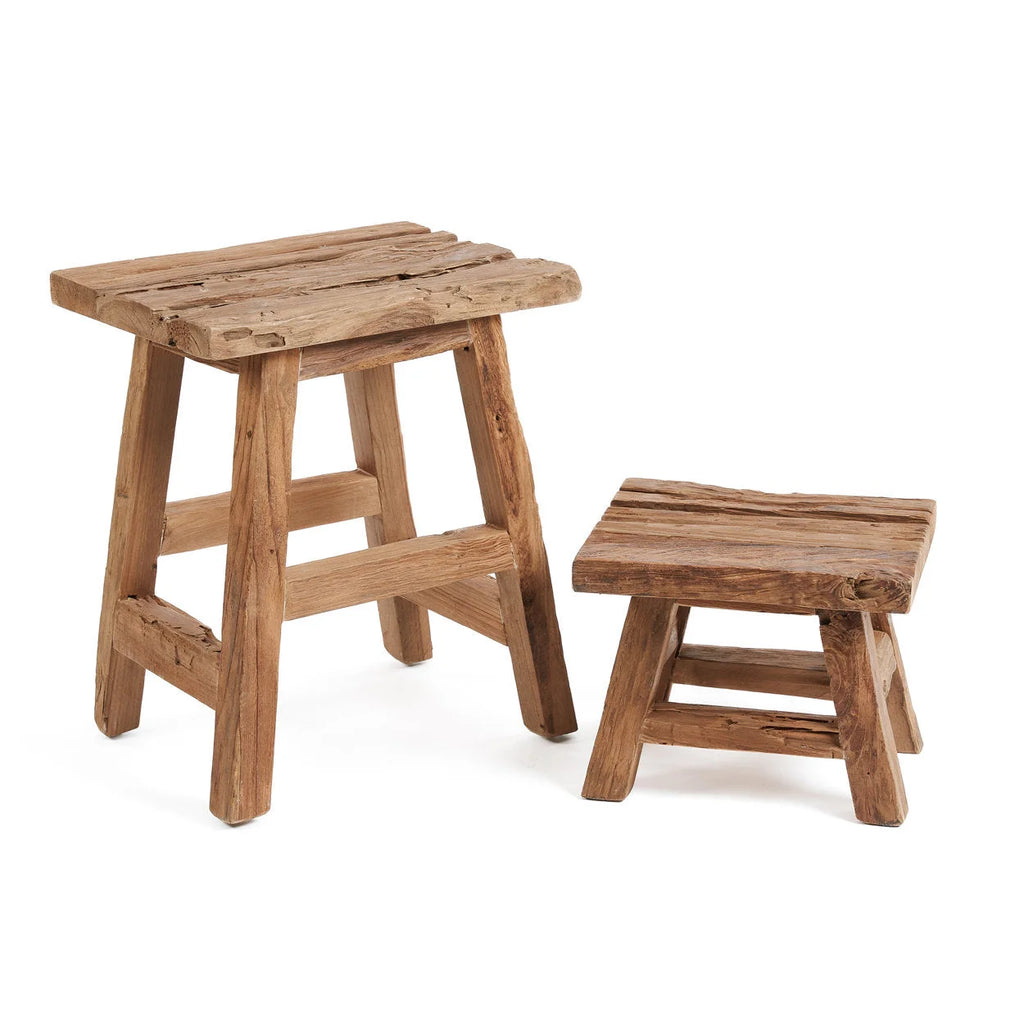 Tabouret en teck recyclé finition naturelle rustique – 40x30 cm