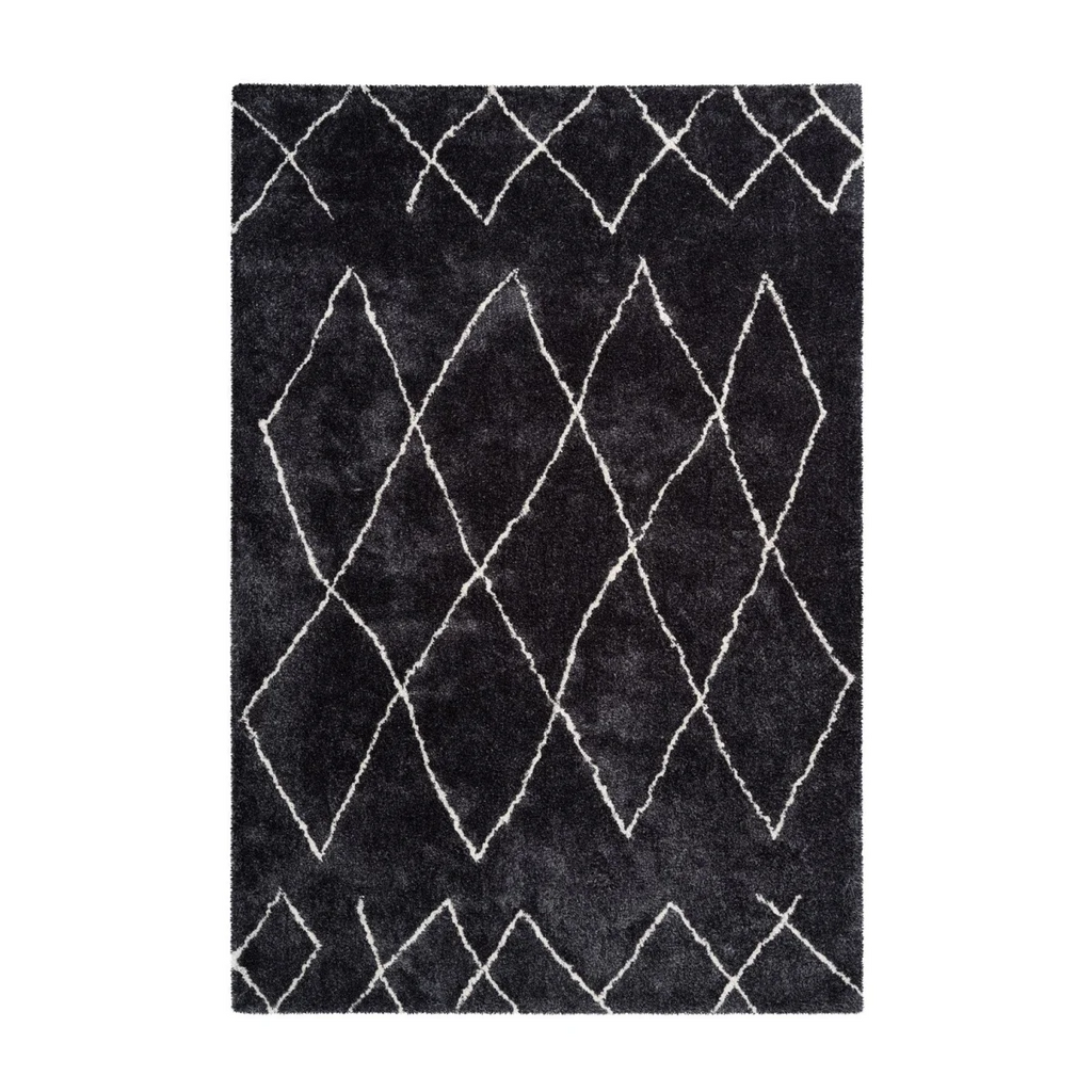 Tapis berbère à poils longs anthracite avec motif losanges géométriques