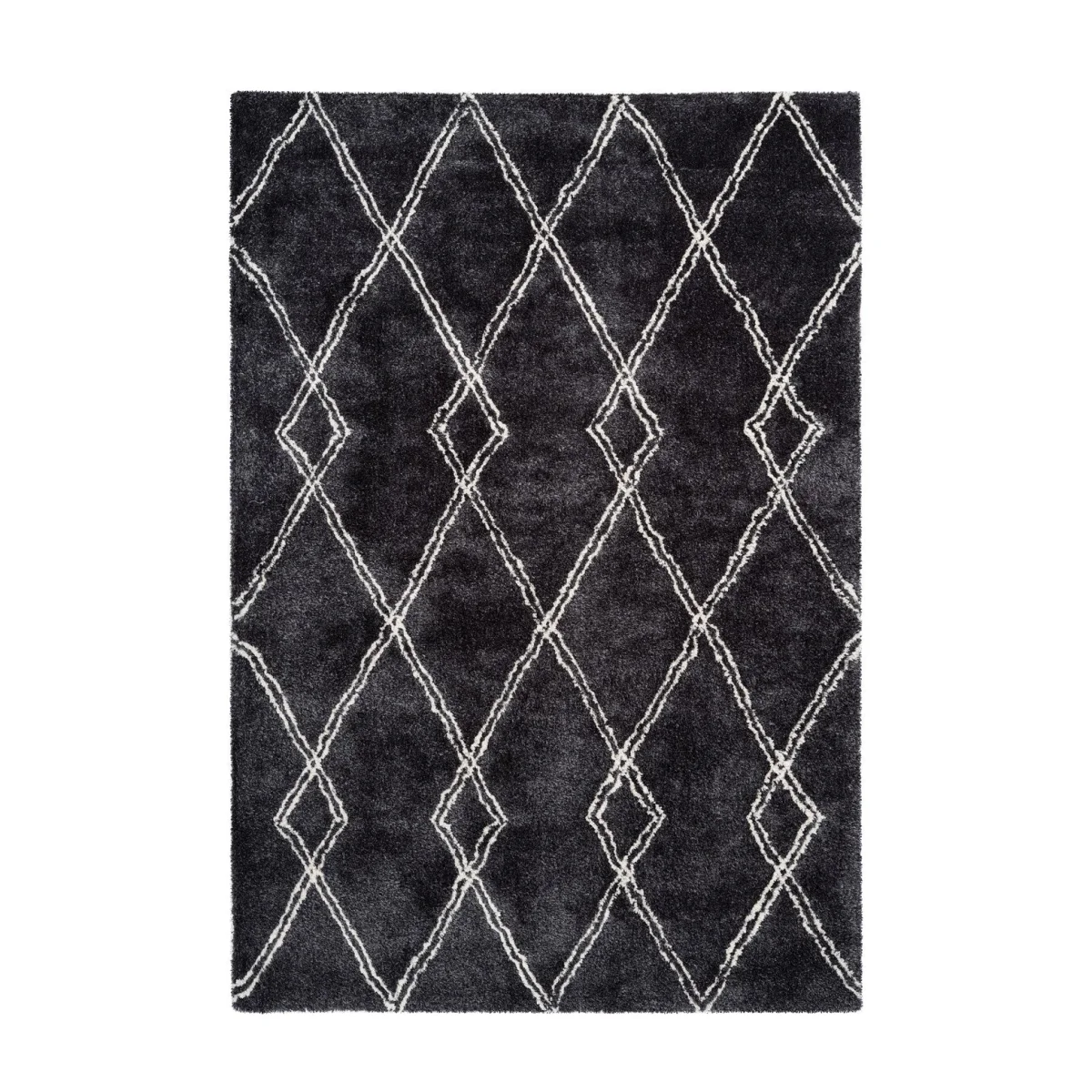 Tapis shaggy anthracite et écru avec motif losanges en polyester