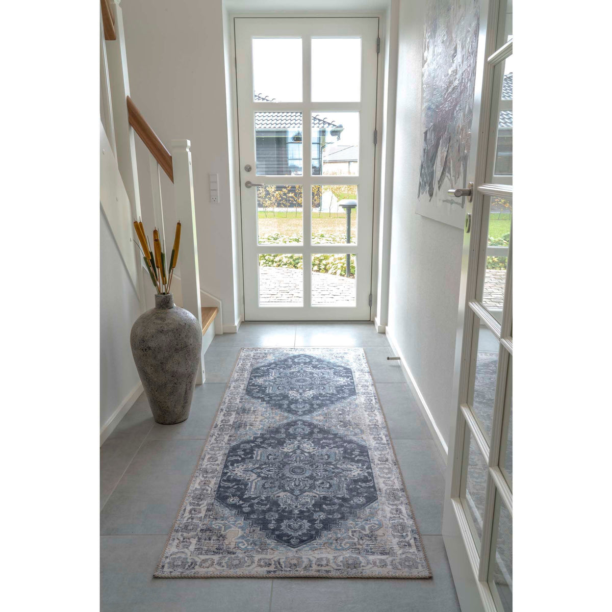 Tapis de couloir persan bleu 80x200 cm, motif orné bleu-gris délavé sur beige clair