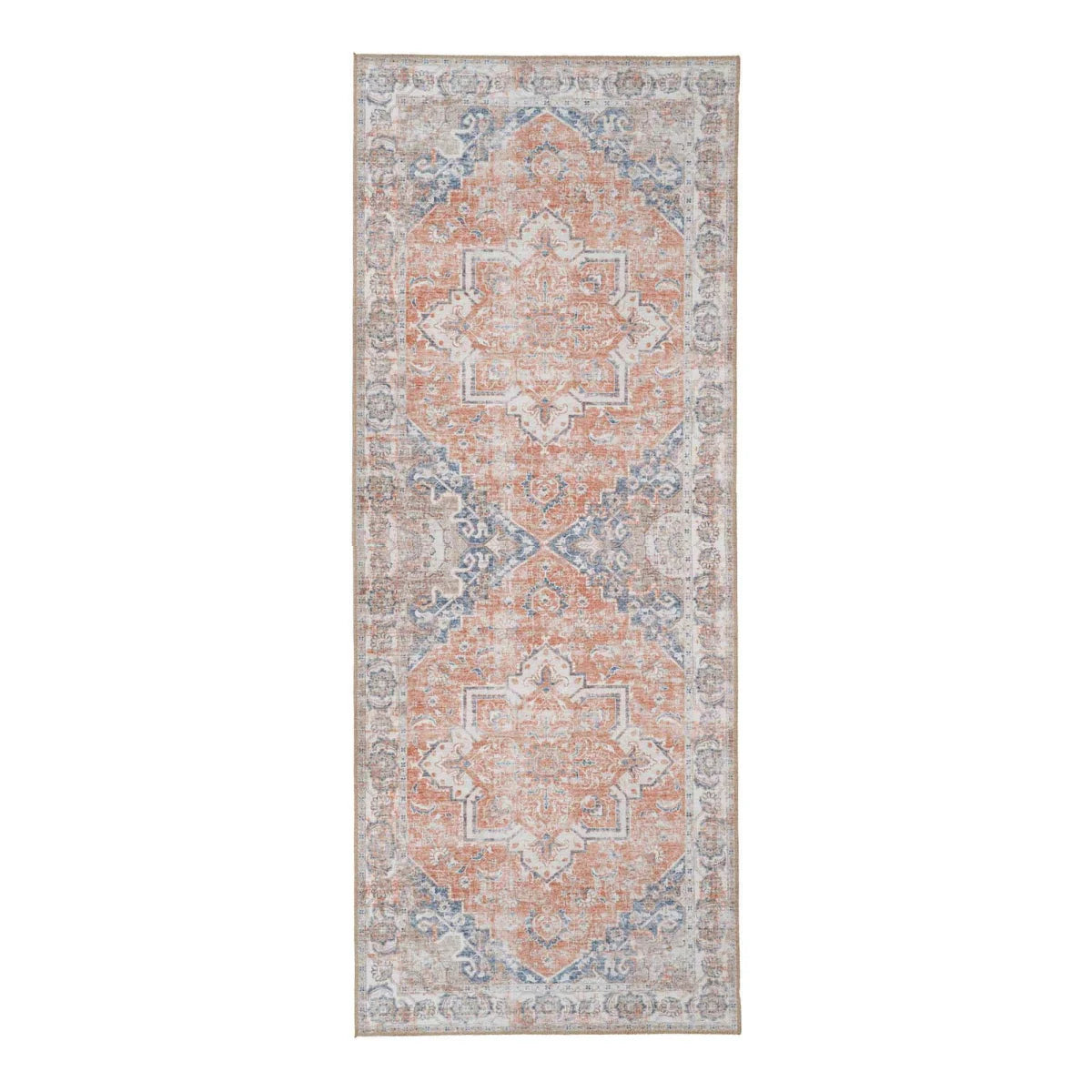Tapis de couloir persan vintage orange et bleu en polyester 80x200