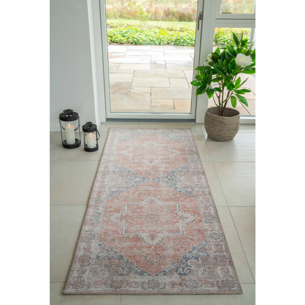 Tapis de couloir persan vintage en polyester 80x200 cm rose gris