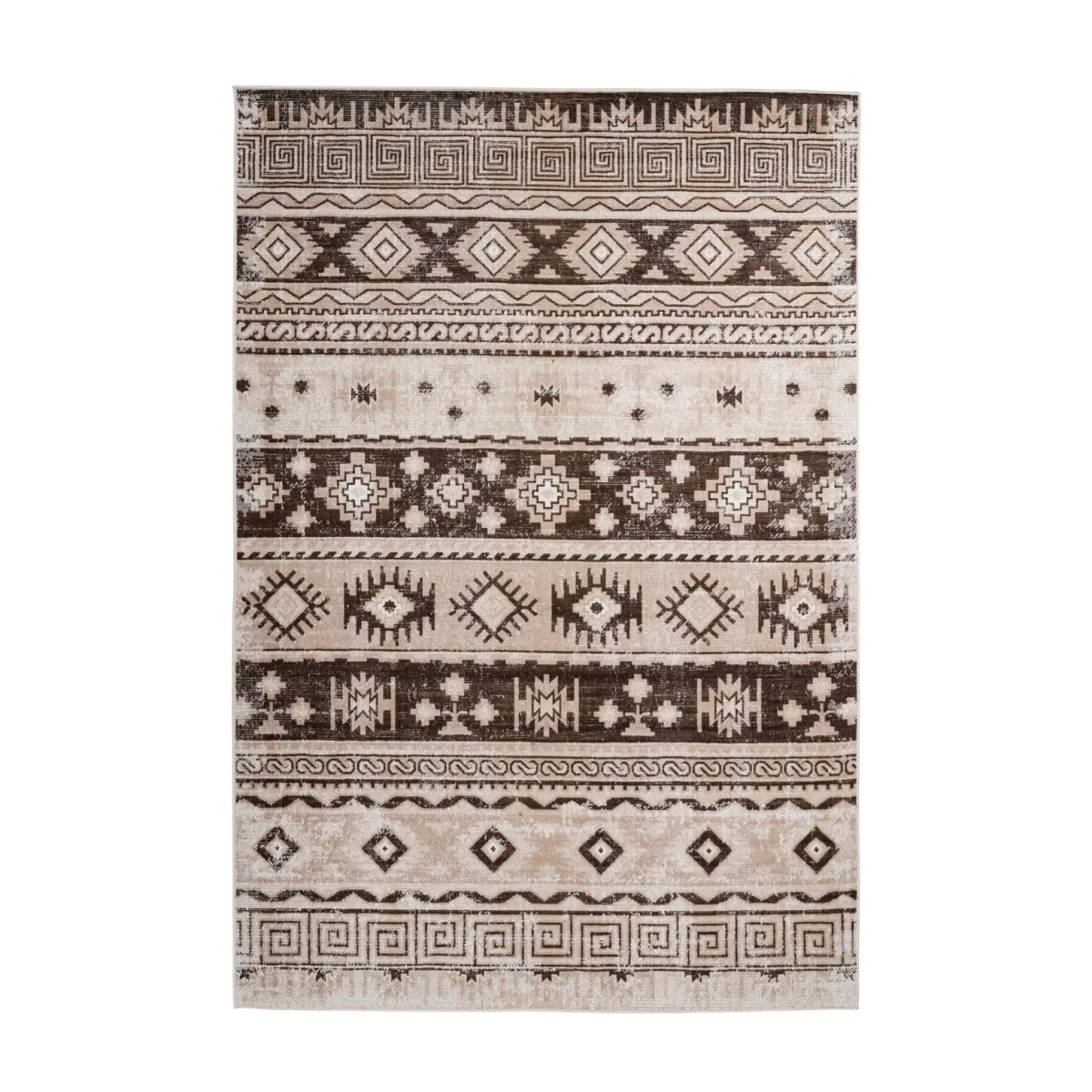 Tapis ethnique motifs géométriques taupe et beige avec motif tribal abstract