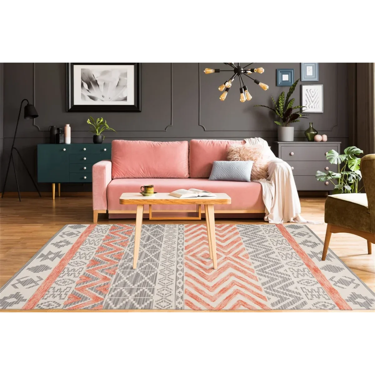 Canapé en velours rose saumon avec pieds en bois clair, Ethnie 100 Grau / Apricot