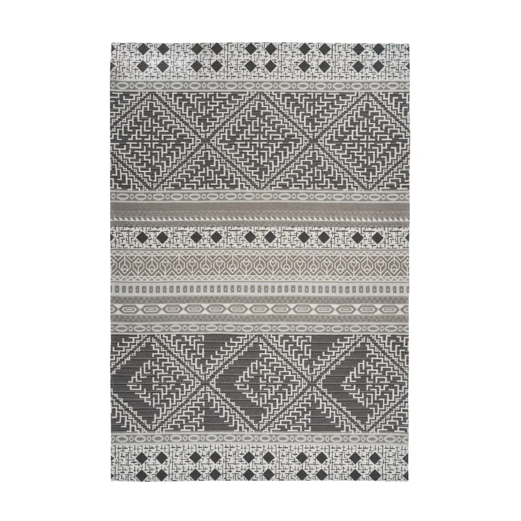 Tapis ethnique rectangulaire tissé taupe et crème avec motifs géométriques gris et blanc