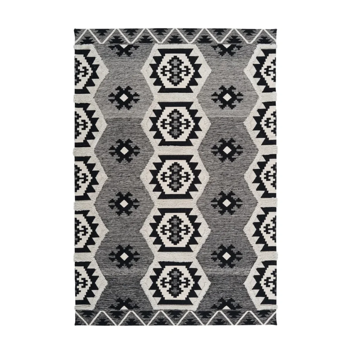 Tapis ethnique tissé motifs aztec noir et blanc en coton 200x290 cm